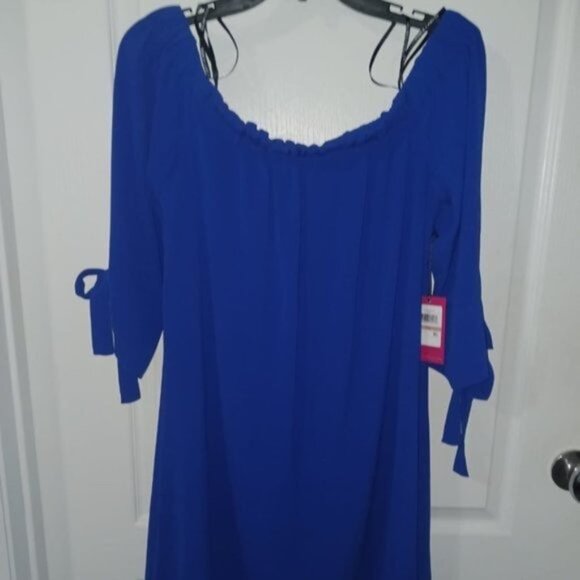 VINCE CAMUTO Off The Shoulder Scuba Bardot Float Dress Royal Cobalt Blue Sz.12 - Picture 8 of 15